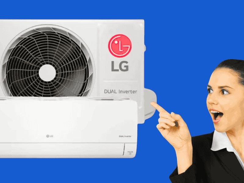 Ar-condicionado LG Dual Inverter com unidade interna e externa, destaque para eficiência energética.