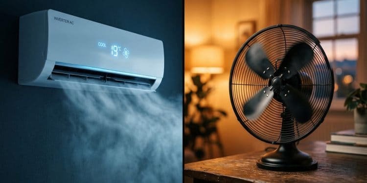 Ar-condicionado inverter resfriando ambiente e ventilador ligado em comparação de conforto e eficiência energética em 2026