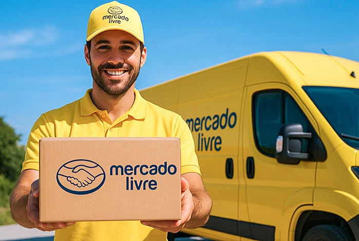 Entrega do Mercado Livre com caixa de compra e entregador sorrindo durante promoção 4.4 de ar-condicionado 2026